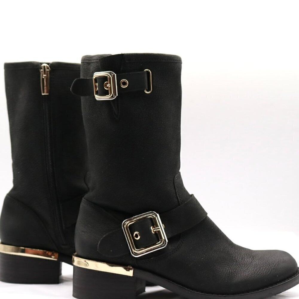 Vince Camuto Black Leather Side Zipper Block Heel Buckle Riding Boots Size 5M